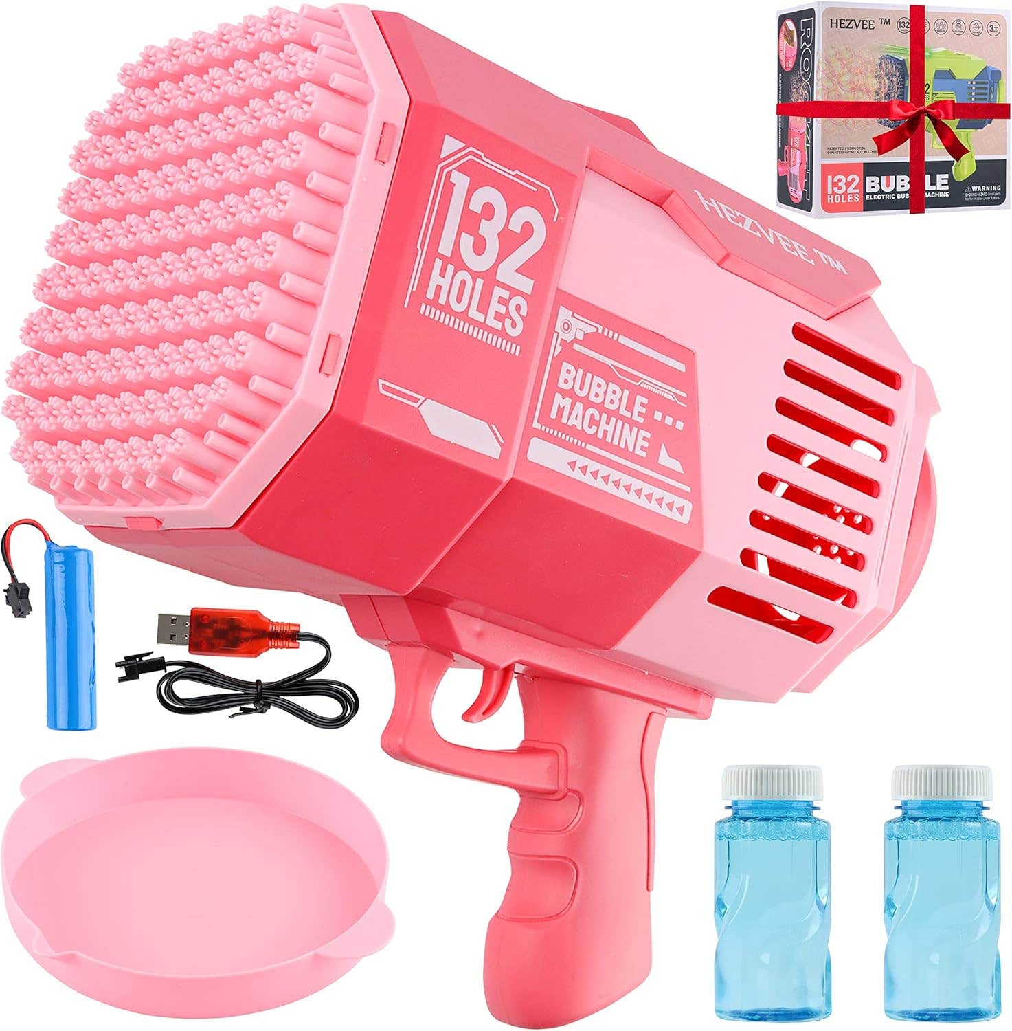 HEZVEE Pink Bazooka Bubble Gun - 132 Holes Bubble Blower Toy for Kids