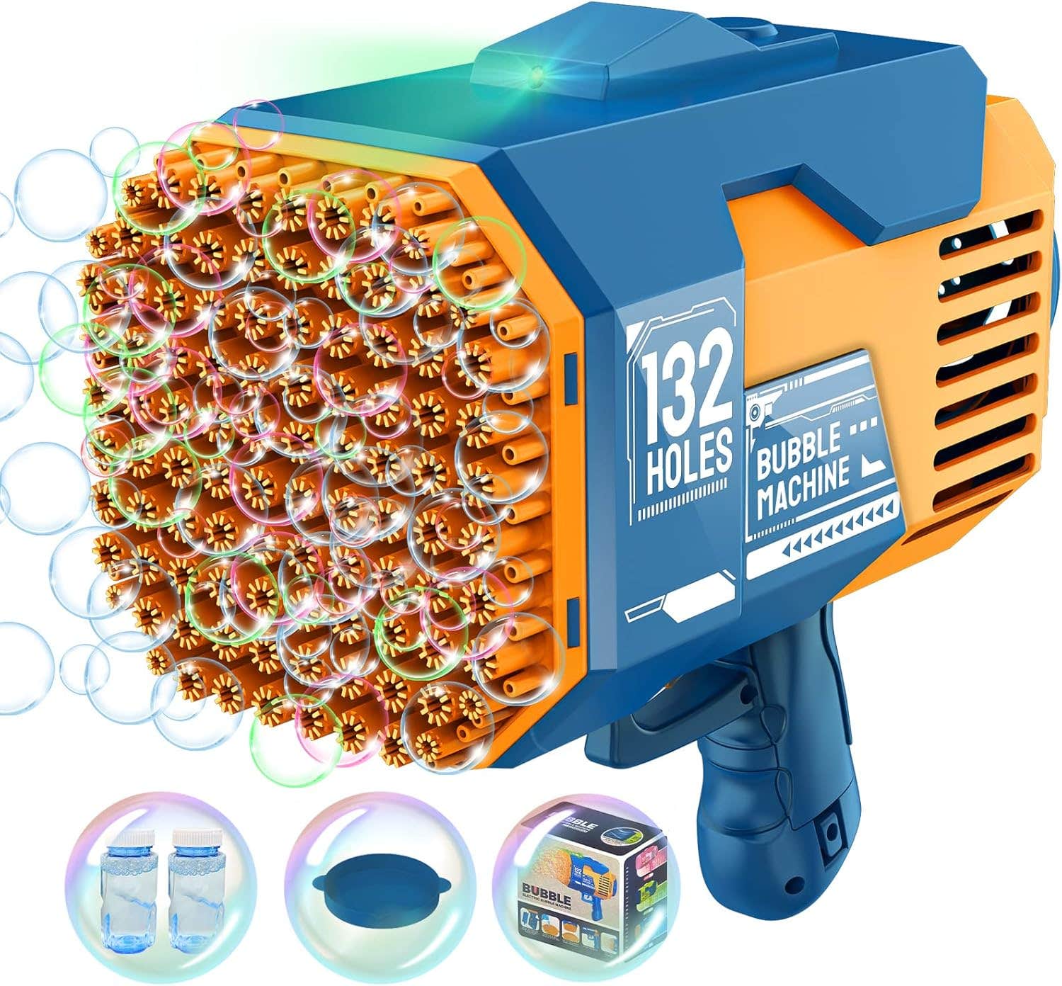 PUYOLF Bazooka Bubble Gun with Colorful Lights - 132-Hole, 6000+ Bubbles Per Min - Blue Plastic Bubble Blower