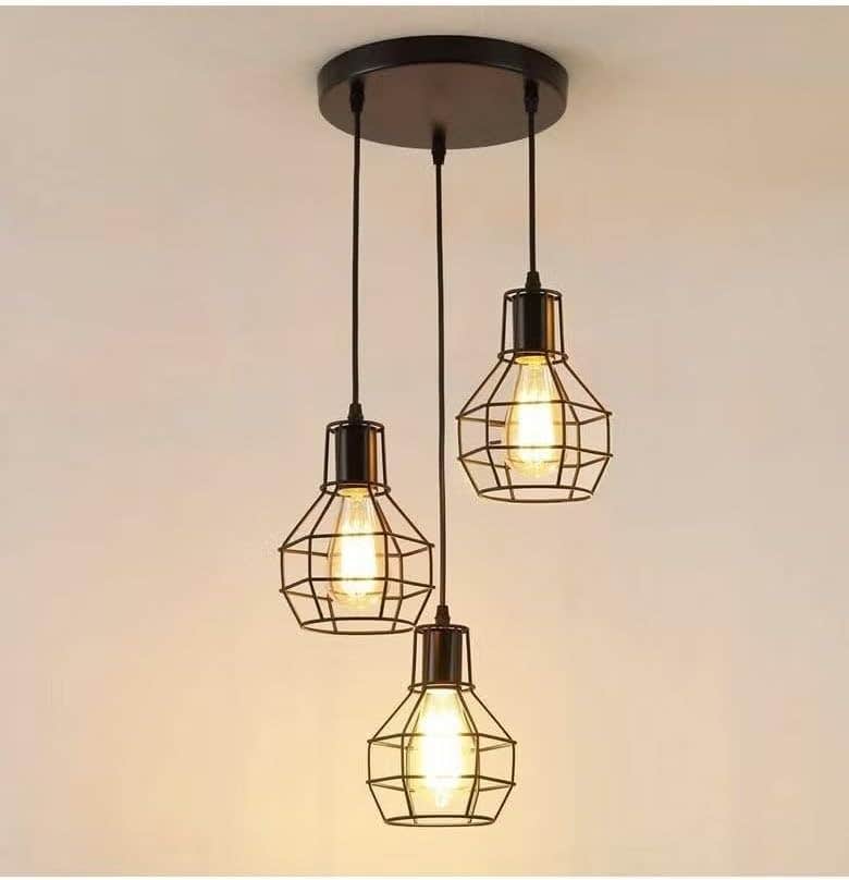 Black Metal 3-Light Geometric Cage Pendant Light Fixture - Industrial Style
