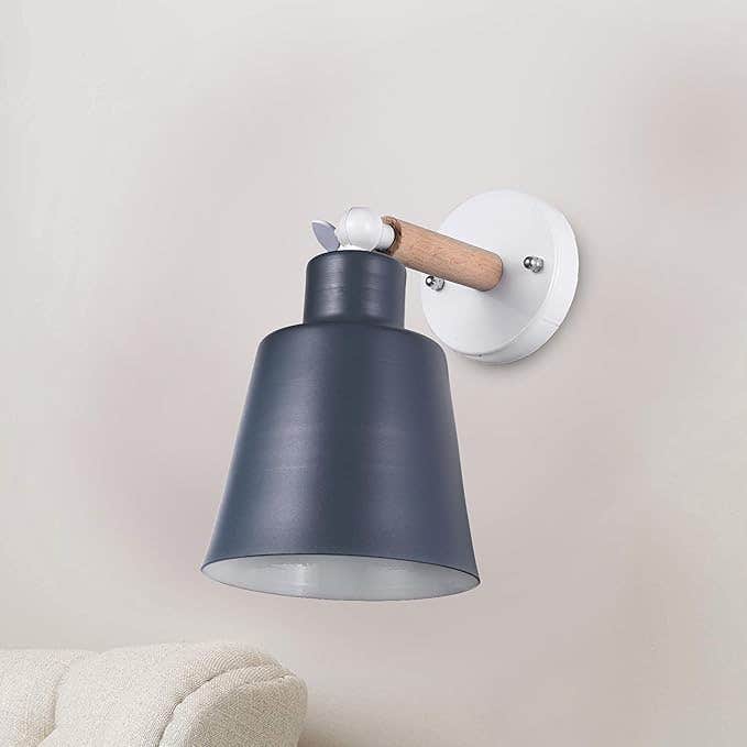 Modern Black Metal Wall Sconce Light with Wooden Accent - Adjustable Head