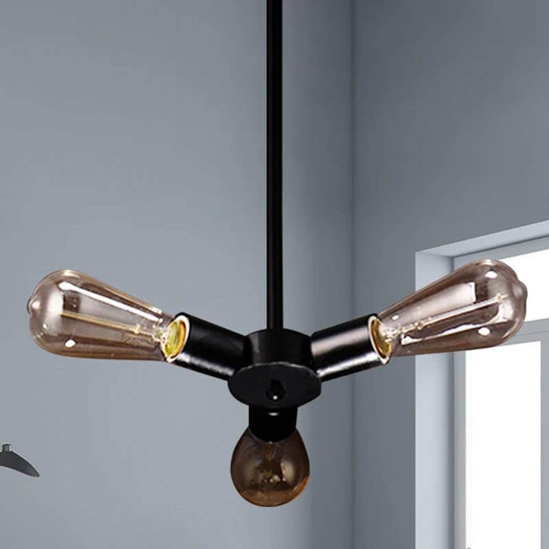 Modern Industrial Black Metal Ceiling Light Fixture, 3-Light Semi Flush Mount with Amber Glass Shades - Contemporary Style