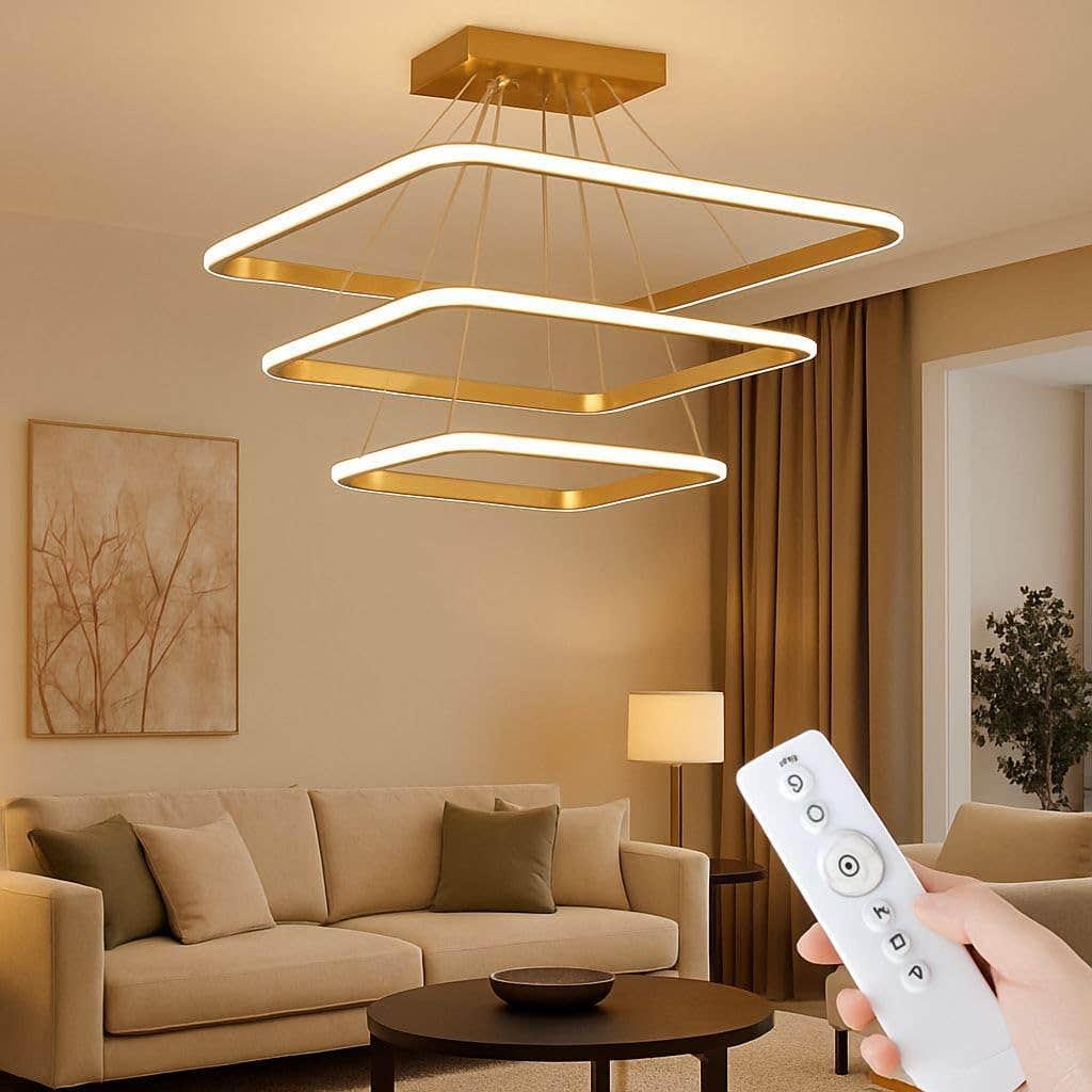Modern LED Square Chandelier Pendant Light with Remote Control - Gold