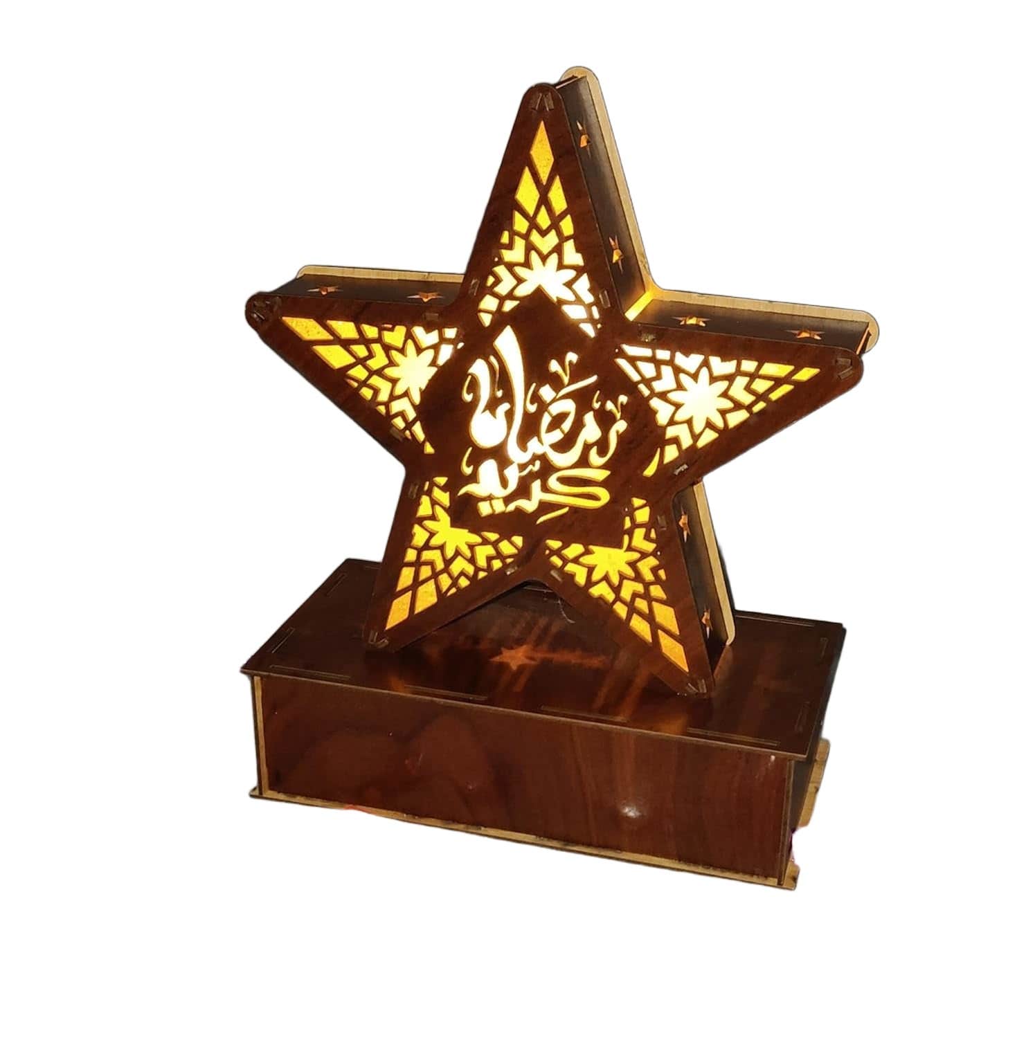 Wooden wall plaque with a lit Ramadan star