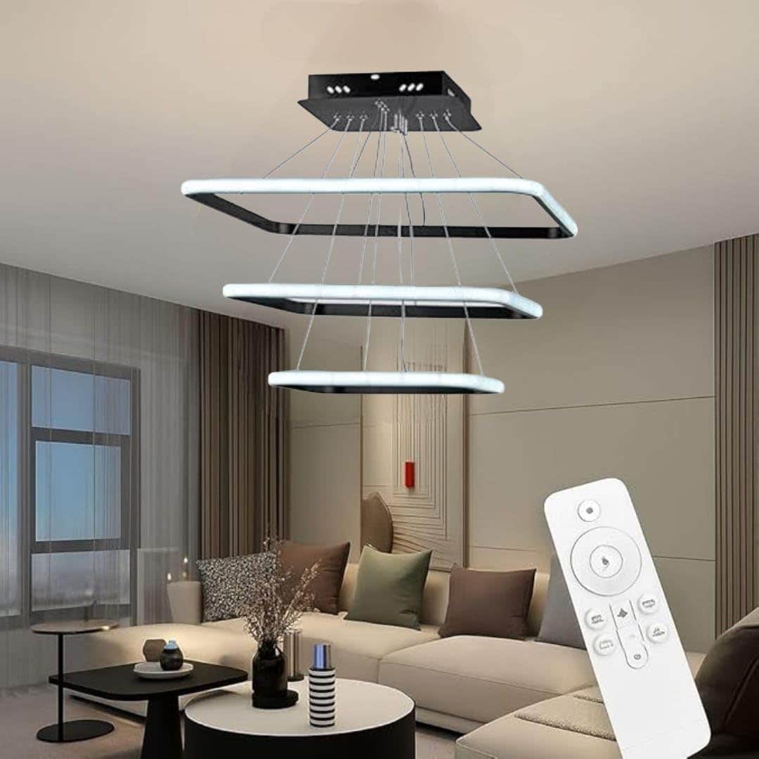 Modern LED 3-Tier Square Chandelier, Remote Control, Adjustable Height, Warm White - Generic Metal Pendant Light - Black