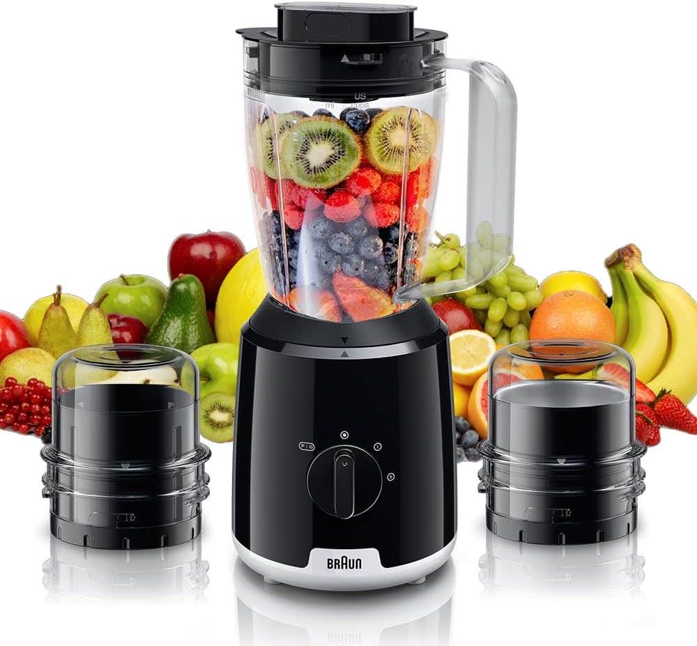 Braun PowerBlend 1 Jug Blender JB 1023 BK, 600 Watts, 1.2L Capacity with Chopper and Grinder Included - Black