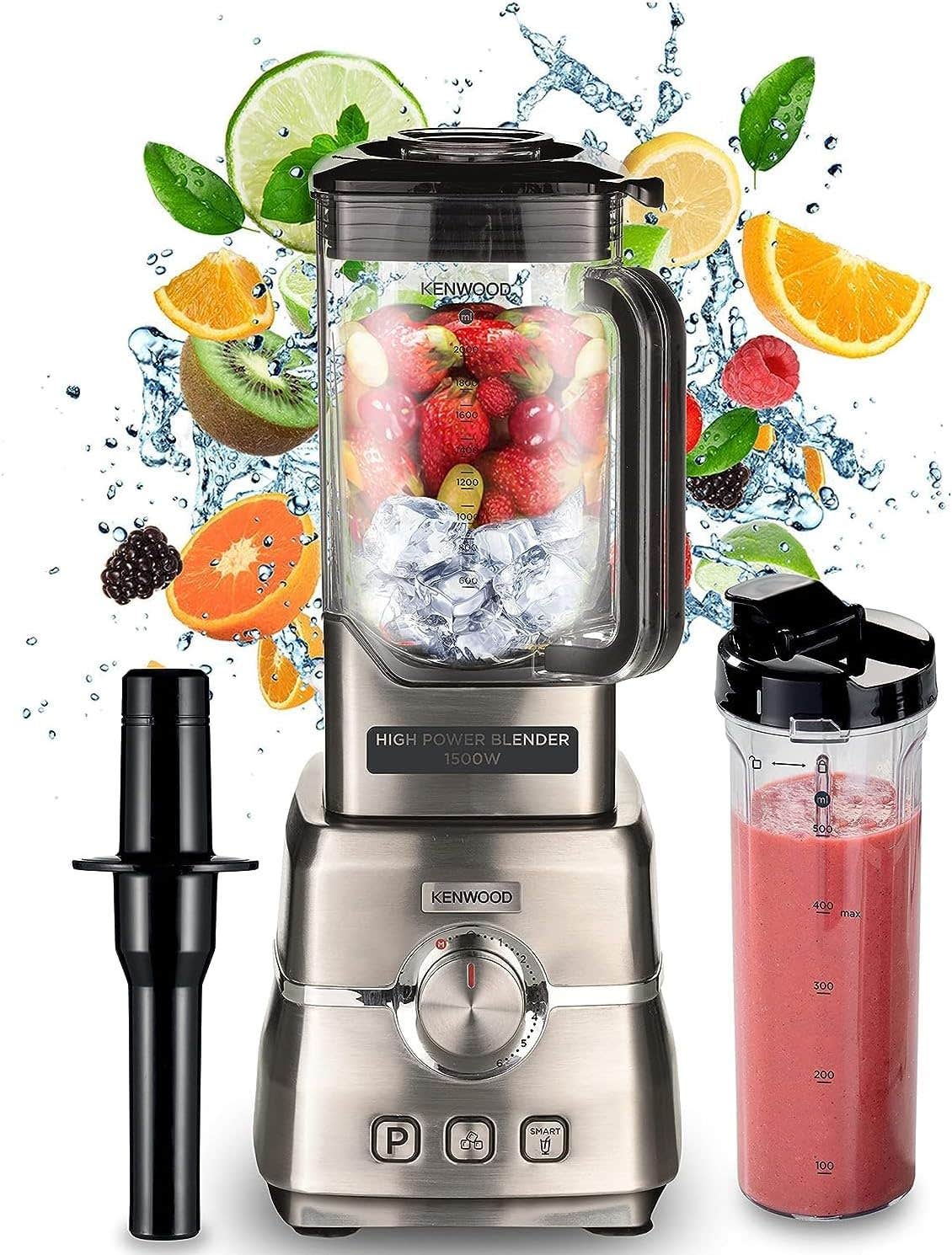 Kenwood premium power blender 1500w smoothie blender with 2l tritan jar, 500ml smoothie2go bottle & lid, blender tamper/food presser, 6 speed+3 preset programs, ice crush function blm91.640ss silver