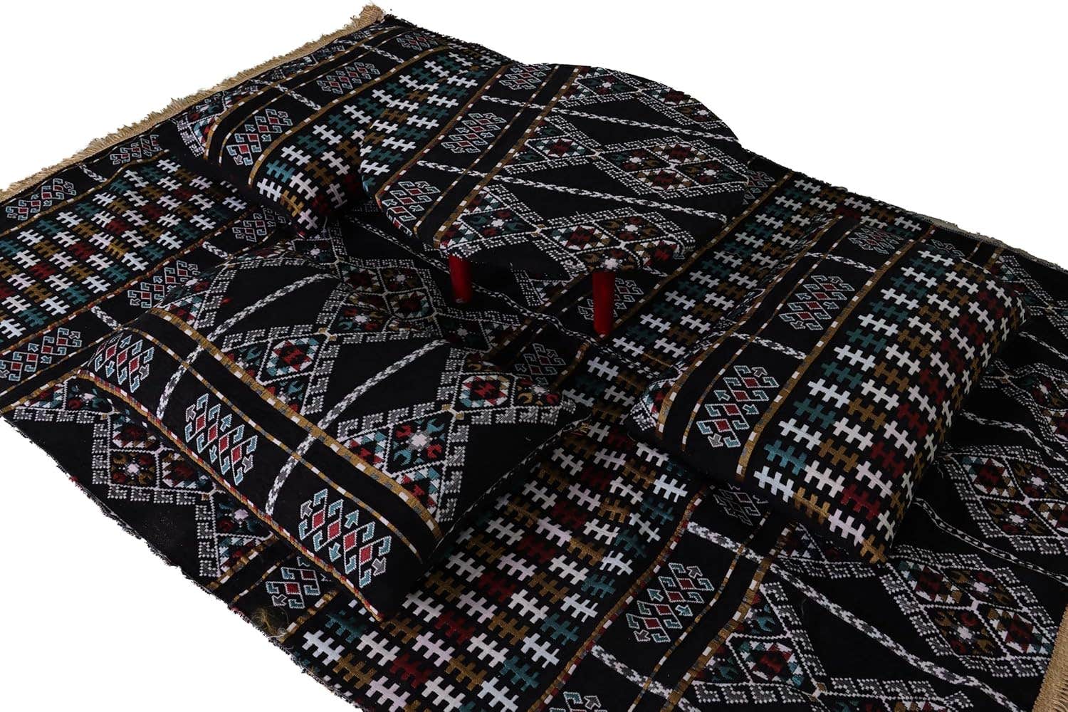 Sahara Floor Seating Set, Geometric Design - Includes Traditional table, Kilim Pattern with 4 Cushions - Authentic Arabic Floor Seating for Relaxation & Entertaining (Geometric Red) - Black