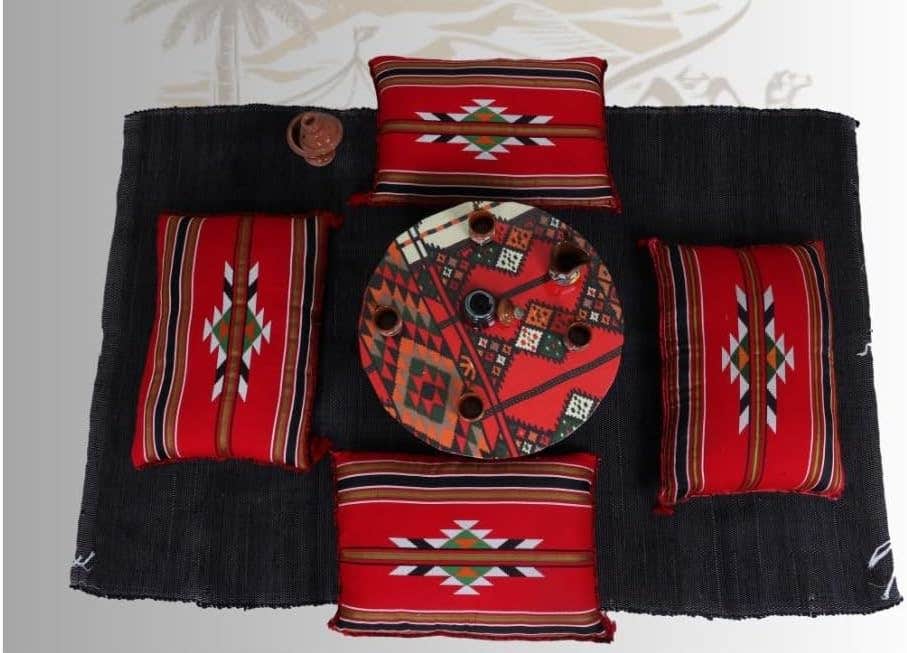 Sahara Floor Seating Set, Geometric Design - Includes Traditional table, Kilim Pattern with 4 Cushions - Authentic Arabic Floor Seating for Relaxation & Entertaining (Geometric Red) - Dark Red