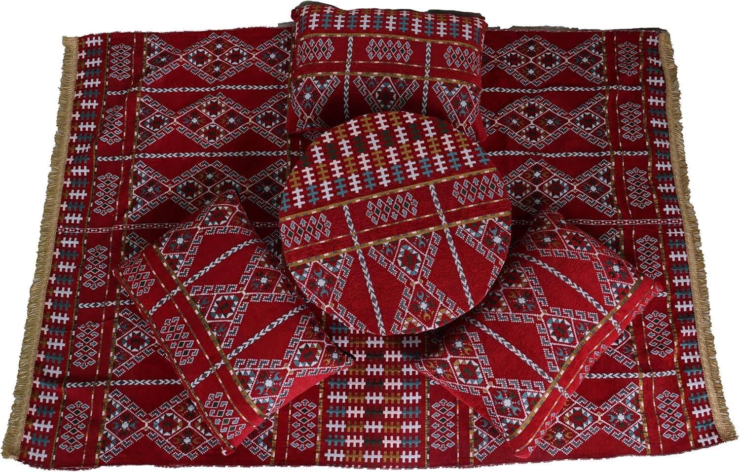 Sahara Floor Seating Set, Geometric Design - Includes Traditional table, Kilim Pattern with 4 Cushions - Authentic Arabic Floor Seating for Relaxation & Entertaining (Geometric Red) - Red