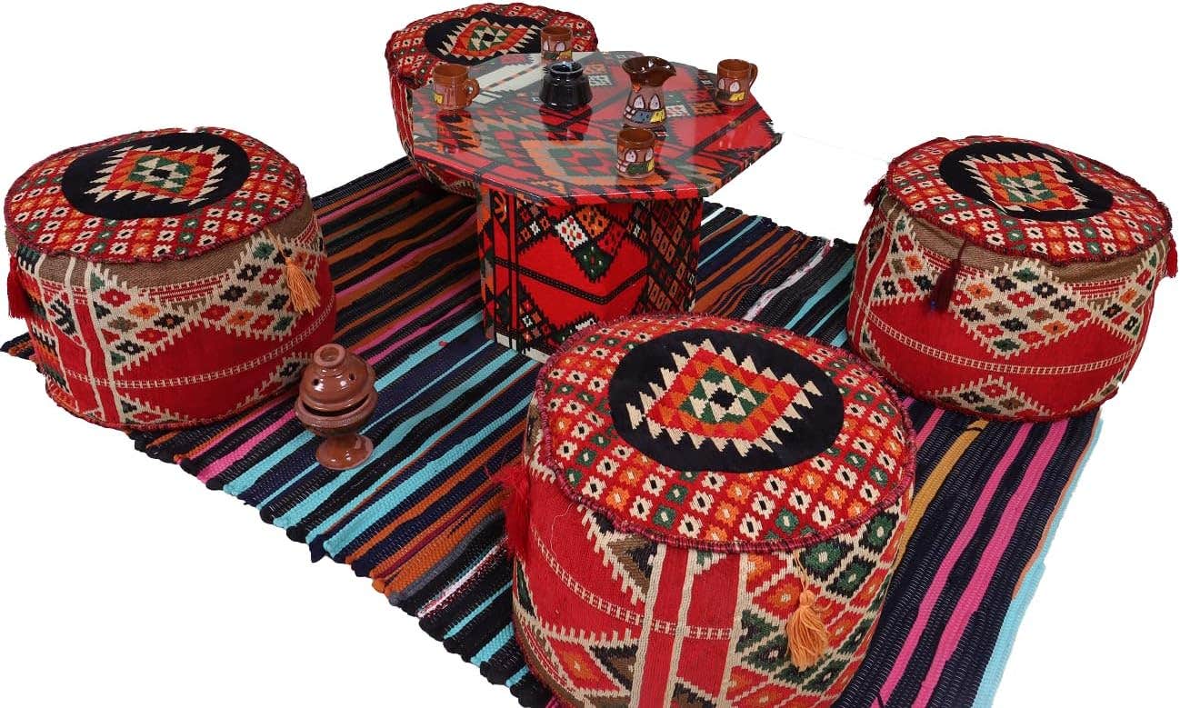 Sahara Floor Seating Set, Geometric Design - Includes Traditional table, Kilim Pattern with 4 Cushions - Authentic Arabic Floor Seating for Relaxation & Entertaining (Geometric Red) - Red Poufs