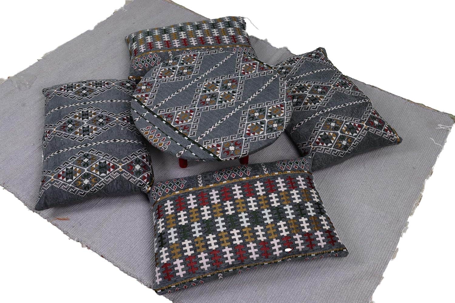 Sahara Floor Seating Set, Geometric Design - Includes Traditional table, Kilim Pattern with 4 Cushions - Authentic Arabic Floor Seating for Relaxation & Entertaining (Red) - Grey