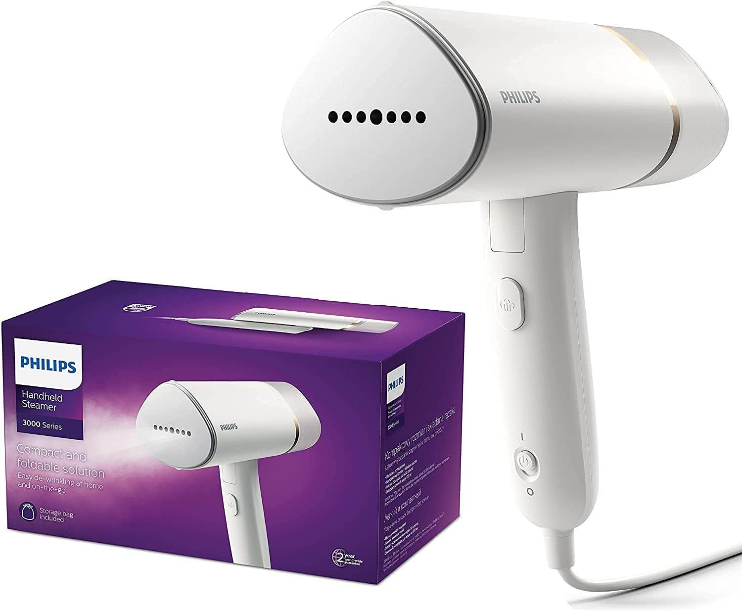 Philips STH3020/16 3000 Series Steamer, Compact and Foldable, Ready to Use 30 Seconds No Ironing Board Required, 1000 W, up to 20 g/min, White