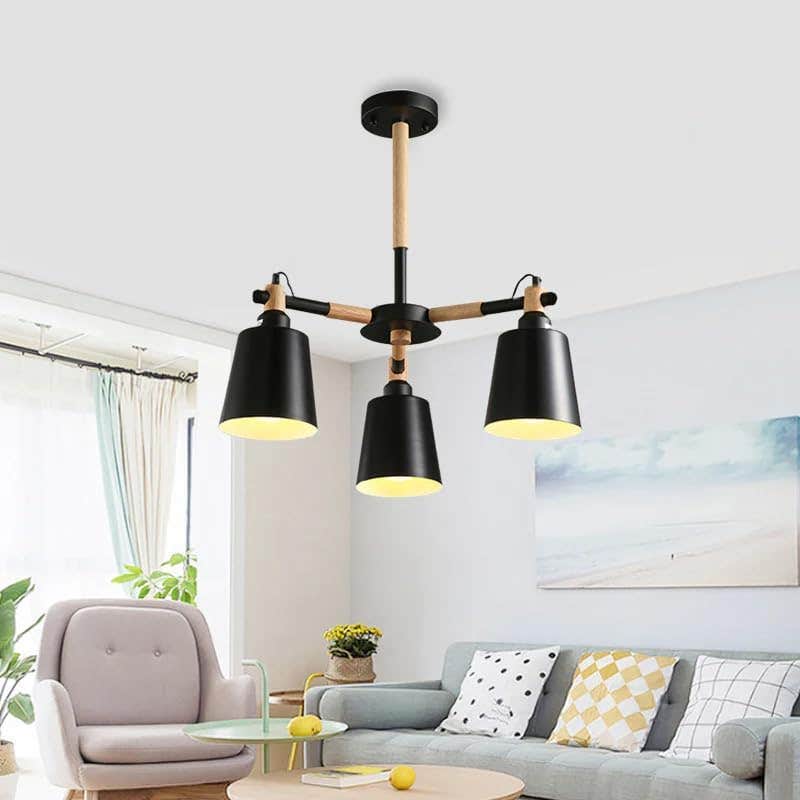 Modern Black Metal and Wood 3-Light Pendant Chandelier for Living, Dining, Bedroom
