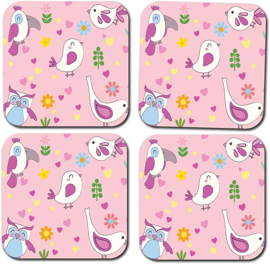 Happu Wooden Bird Pattern Coasters - Set of 4, Square Tea/Coffee Beverage Coasters