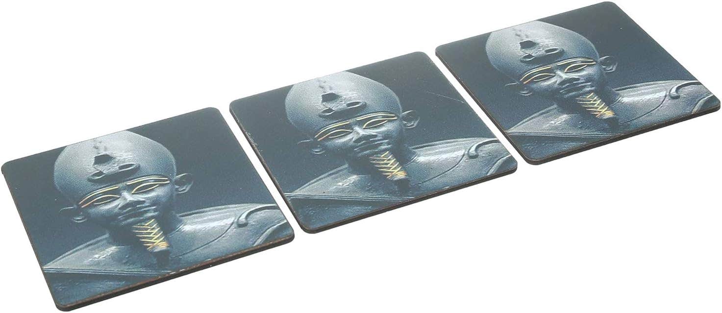 Printed Pharaonic Statue Wooden Small Rectangular Coasters Set, 3 Pieces, 4 mm - Grey and Yellow