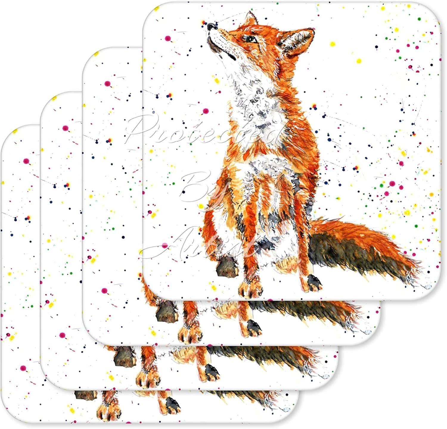 Vixar Coaster Fox British Wildlife Hand Painted Animals Coasters Watercolour Art Gift Work Office Dining Tea coffee (4)