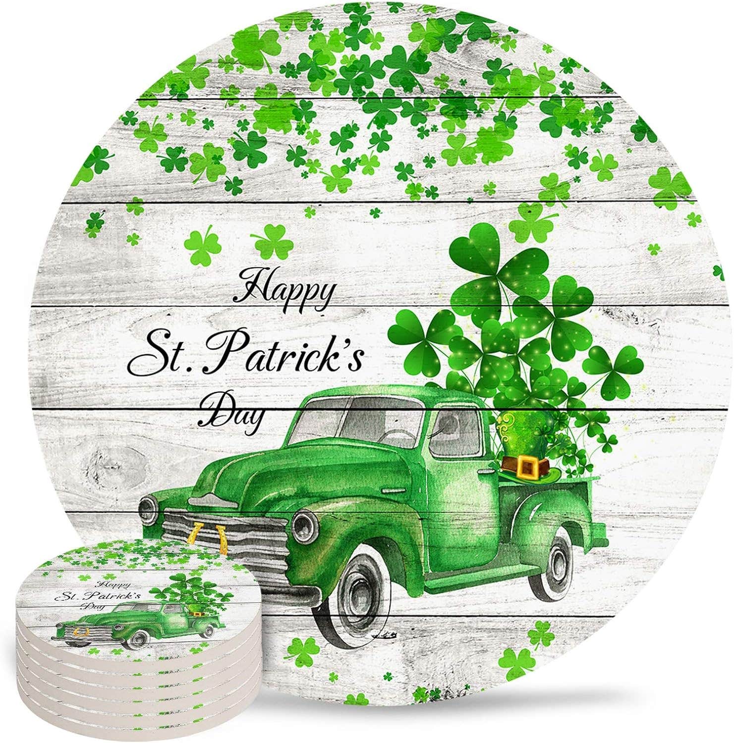 St. Patrick's Day Ceramic Coaster Set - Set of 4 with Shamrock Leaf Design