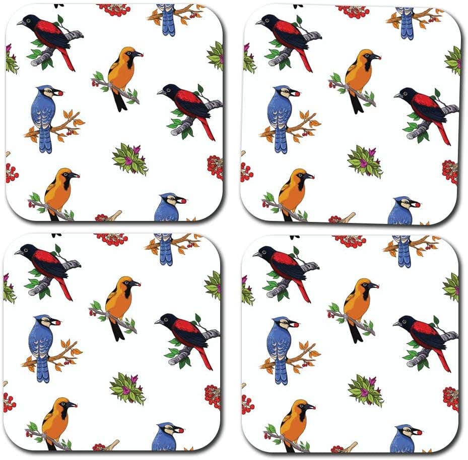 Happu Wild Birds Wooden Coasters Set of 4 - Square Tea/Coffee Beverage Coasters