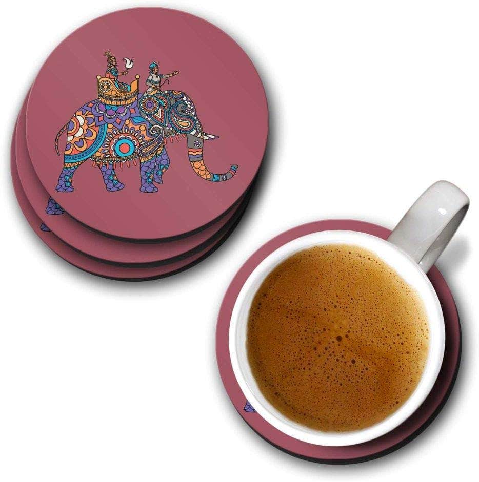 YuBingo Mughal Elephant Designer Printed Coasters (MDF Wooden, Set of 6, 9.5 Cm Diameter, Round)