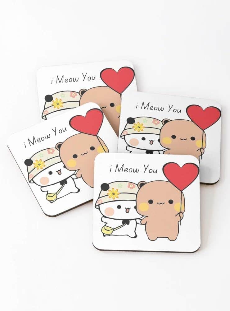 I Meow You Happy Birthday Mochi Milk peach Cute DuDu Bear and BuBu Panda Are Celebrating 2025 Coasters (Set of 4)