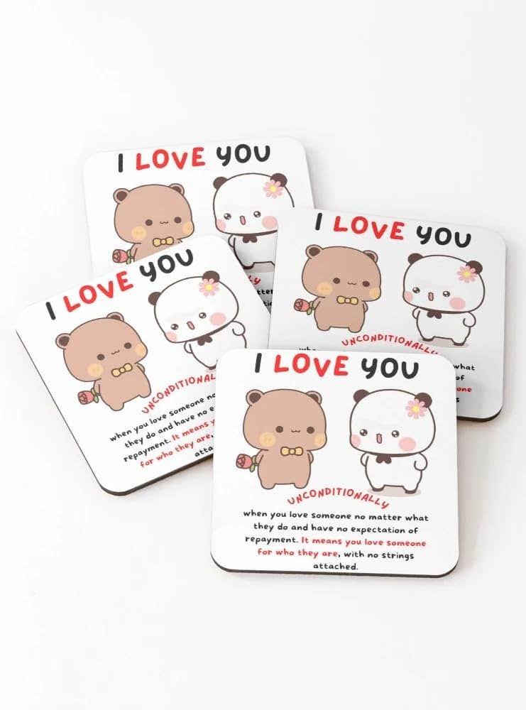Set of 4 Baby Panda Bear Love Coasters - MDF Glossy Finish - 3.8 x 3.8in
