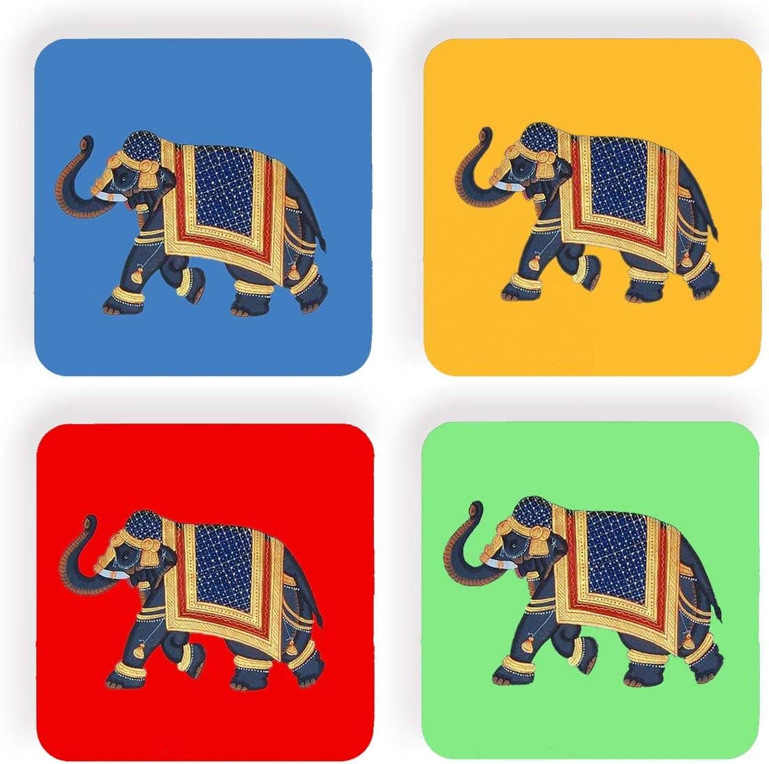 Designer Printed Wooden Coaster 4 x 4 Inch (Set of 4) for Tea/Coffee Cup Mug, Bar Glass (Ethnic Elephant Print Coasters)