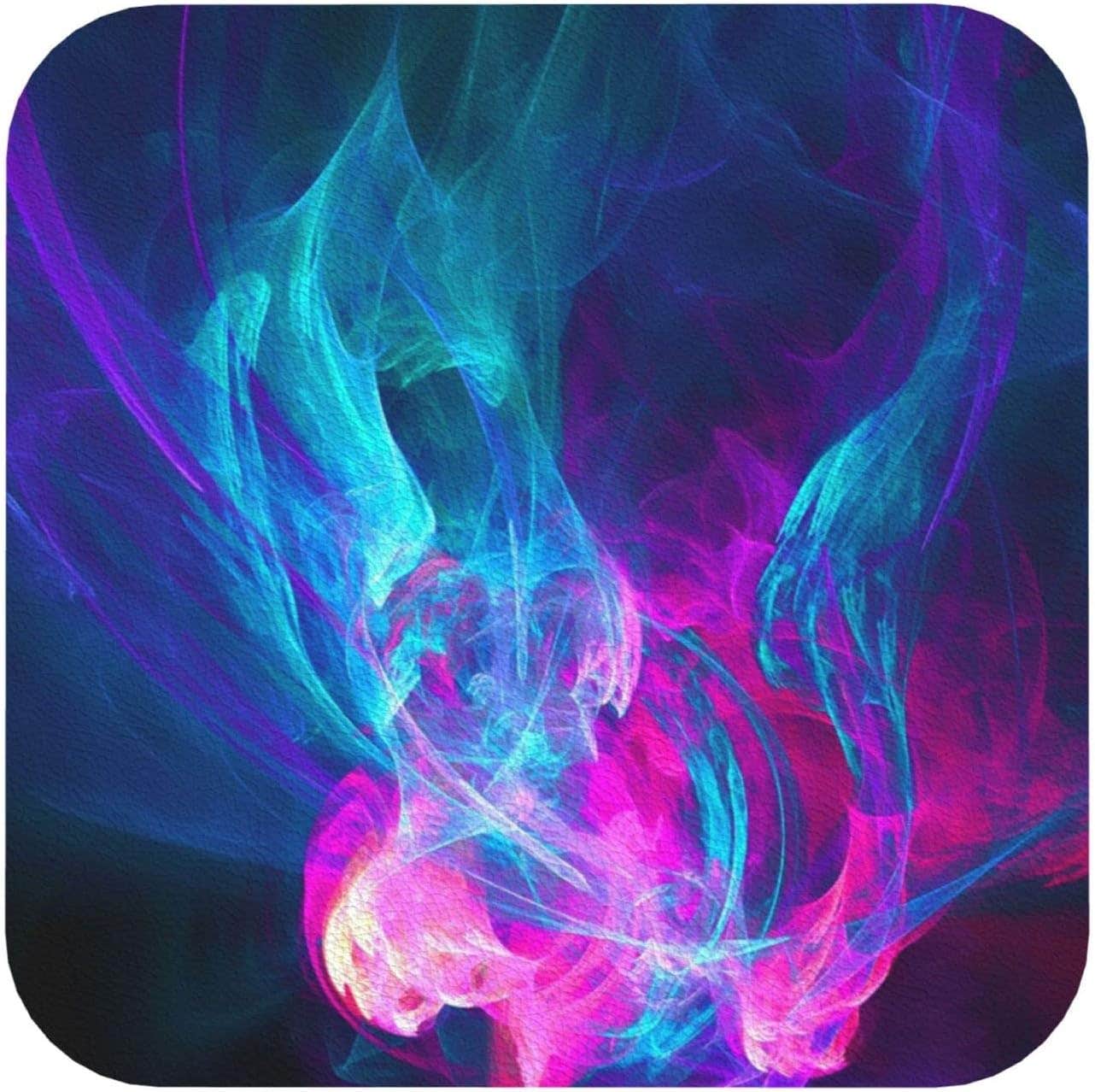 ELBULL Blue and Pink Fire Printed Coasters for Drinks Leather Round Coasters Set of 6 for Tabletop Protection Table Decor