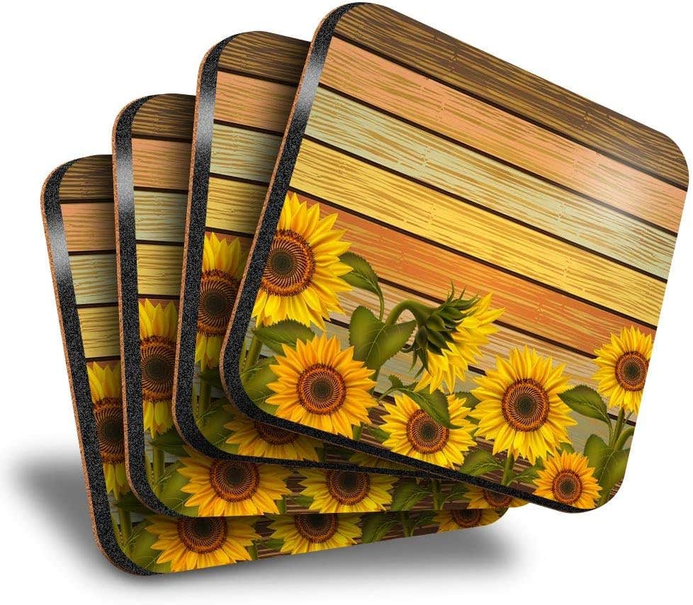 Square Sunflowers on Rustic Wood Coasters Set of 4 - Multicolor Drink Coasters by Destination Vinyl Ltd