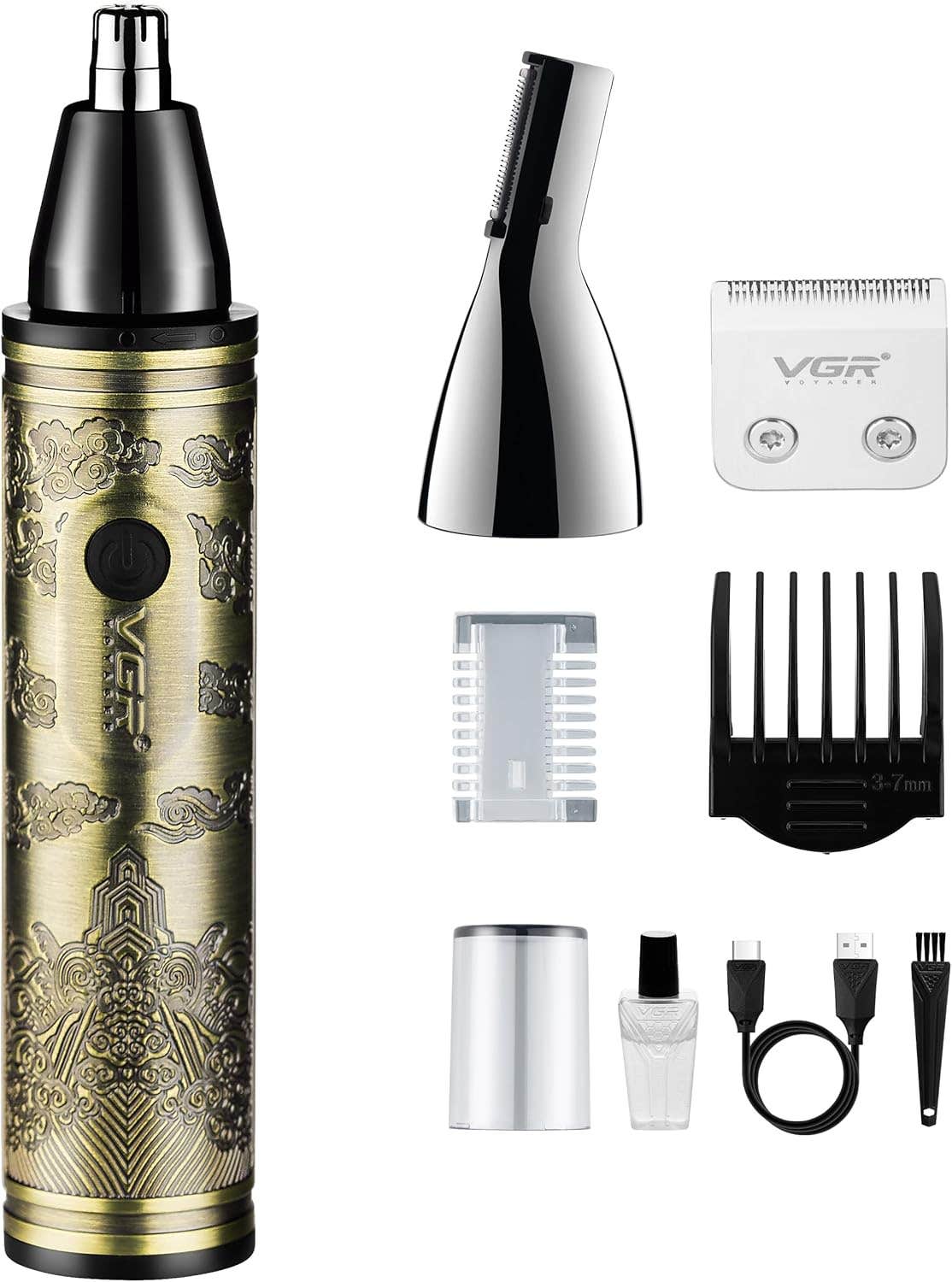VGR 3-in-1 Nose and Ear Hair Trimmer for Men - Eyebrow Body Razor and Beard Trimming Attachment - Cordless Rechargeable 120 mins Battery - Painless Nostril Nasal Remover