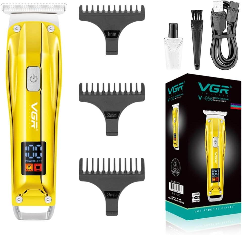 VGR V-956 Professional Rechargeable cordless Hair Trimmer with LED Display, Stainless steel Blades, USB Charging cable, 3 Guide Combs for men Runtime: 100 mins, 500 mAh Li-ion Battery, Gold