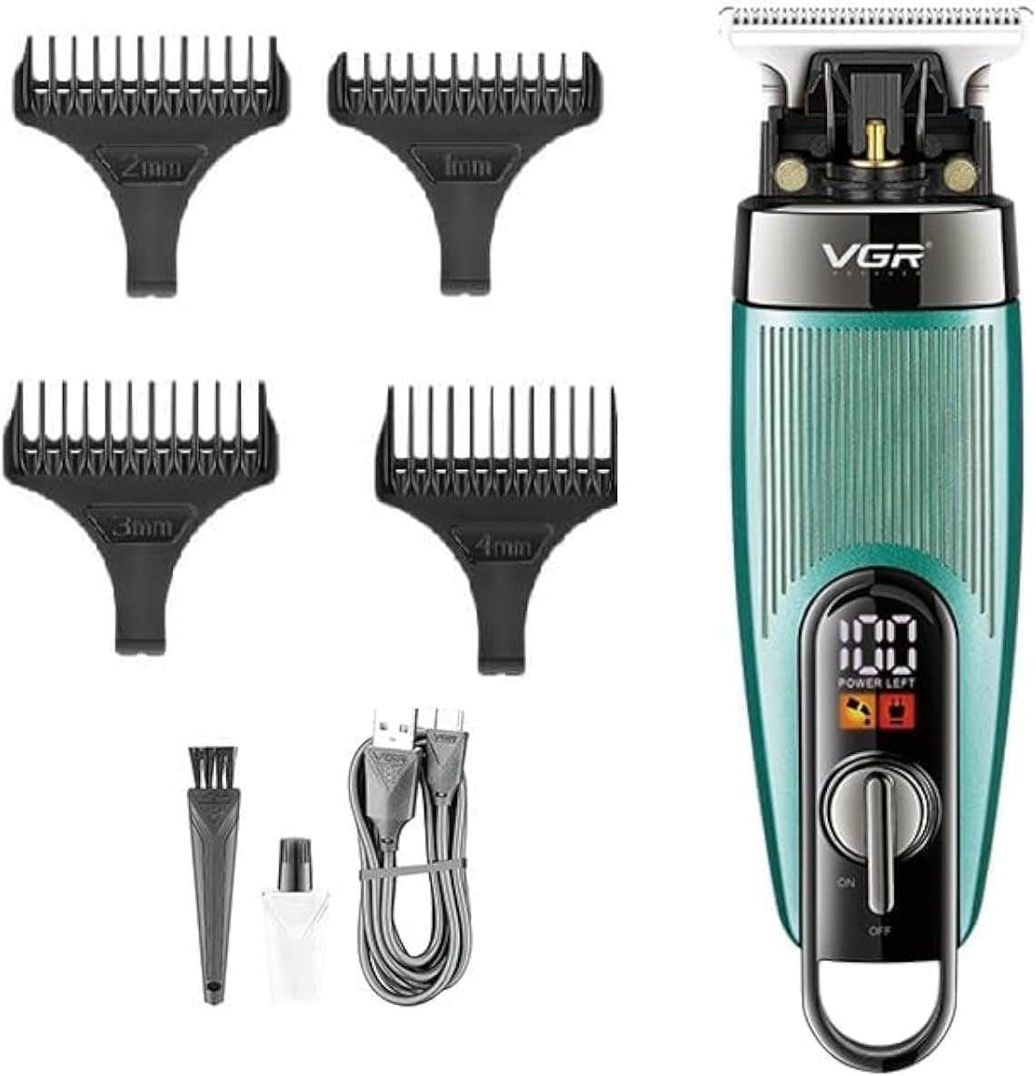 VGR V-975 Professional Rechargeable cordless Pro Self Haircut Hair Clipper, Beard trimmer with Digital Display & Hanging Loop Stainless steel Blades USB Charging cable 3 Guide Combs for men (Green)