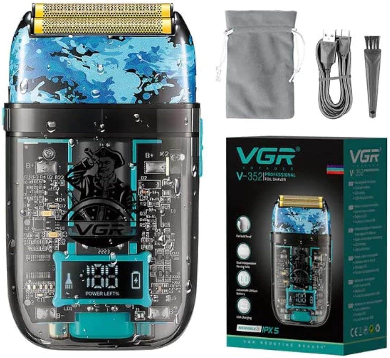 VGR Electric Hair Trimmer Professional Aluminum Beard Trimmer Bald Razor Waterproof Rechargeable Razor for Men V-352