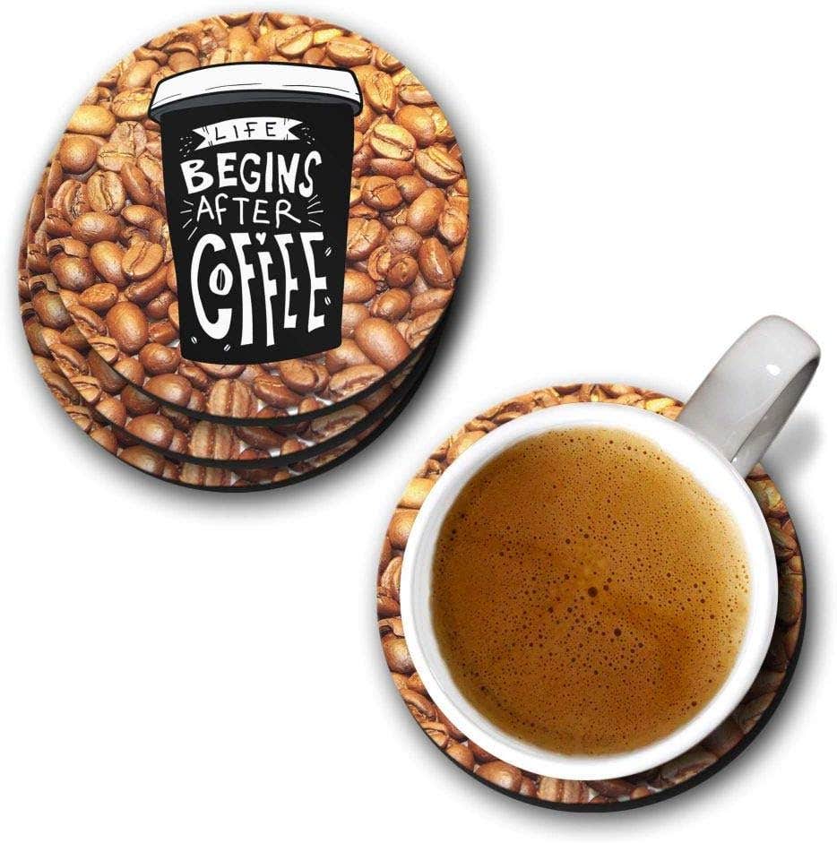YuBingo Life Begins after Coffee Designer Printed Coasters (MDF Wooden, Set of 6, 9.5 Cm Diameter, Round)