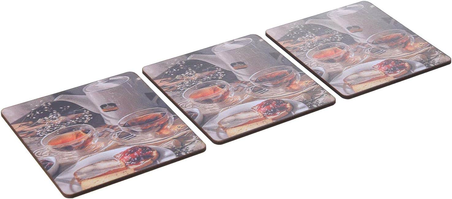 Printed Tea and Food Wooden Small Rectangular Coasters Set, 3 Pieces, 4 mm - Multi Color