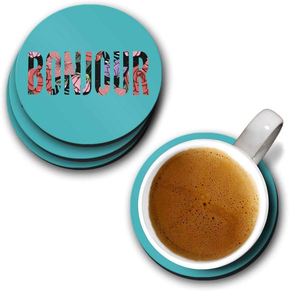 YuBingo Bonjour Designer Printed Coasters (MDF Wooden, Set of 6, 9.5 Cm Diameter, Round)