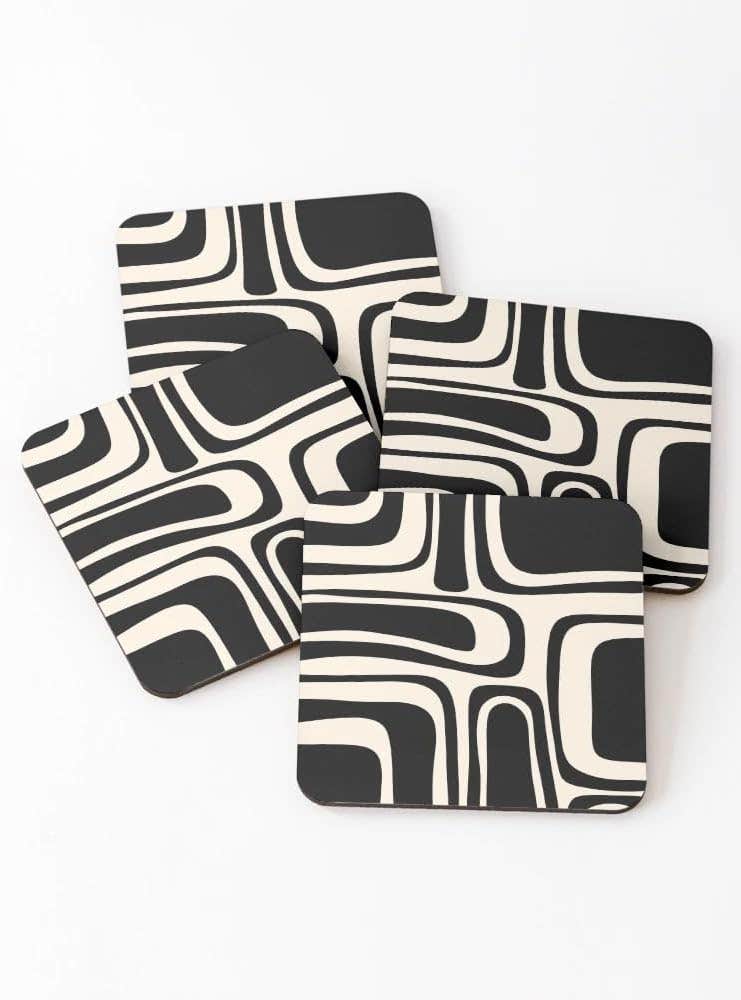 Palm Springs Retro Midcentury Modern Abstract Pattern in Black and Almond Cream Coasters (Set of 4)