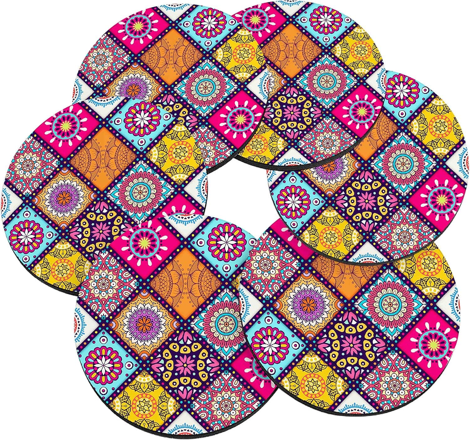 Multicolor Mandala MDF Coaster Digital Print 9.5 Diameter Pack of 6 Coasters