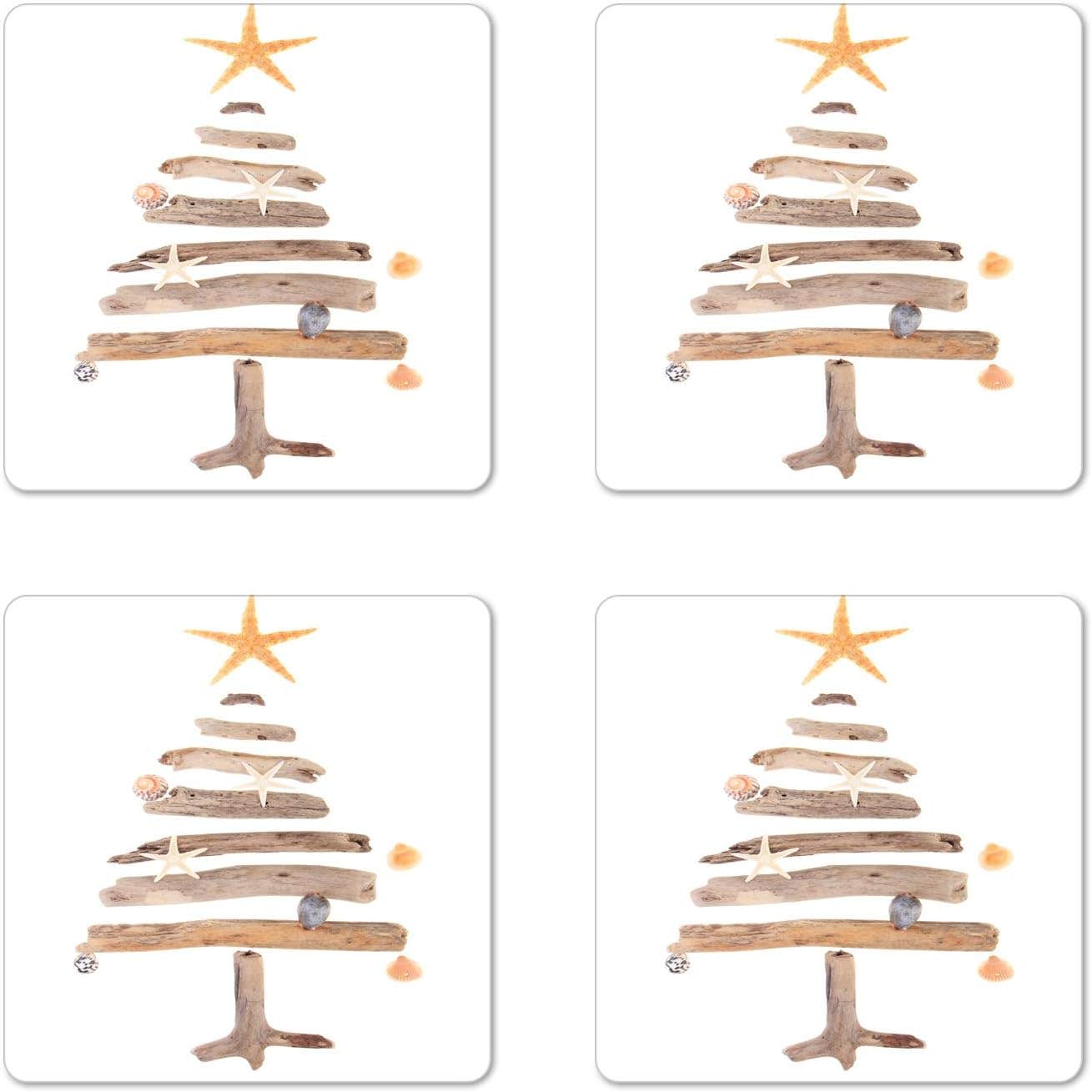 Lunarable Christmas Coasters Set of 4, Driftwood Tree Design, Nautical Starfish and Seashells, Brown Hardboard Gloss Square Coasters