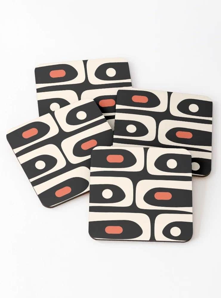 Mid Century Modern Piquet Abstract Pattern Black, Orange, and Almond Cream Coasters (Set of 4)