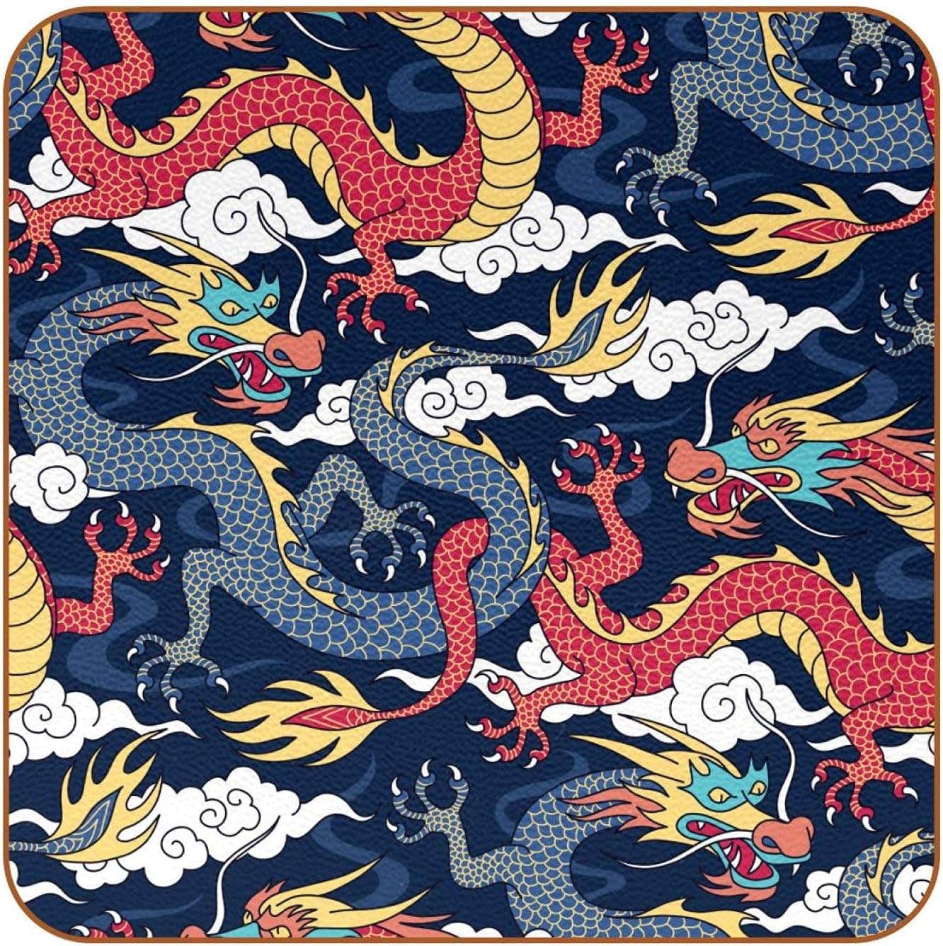 Set of 6 Chinese Dragon Clouds Pattern Leather Coasters - Multicolored Square Drink Mats