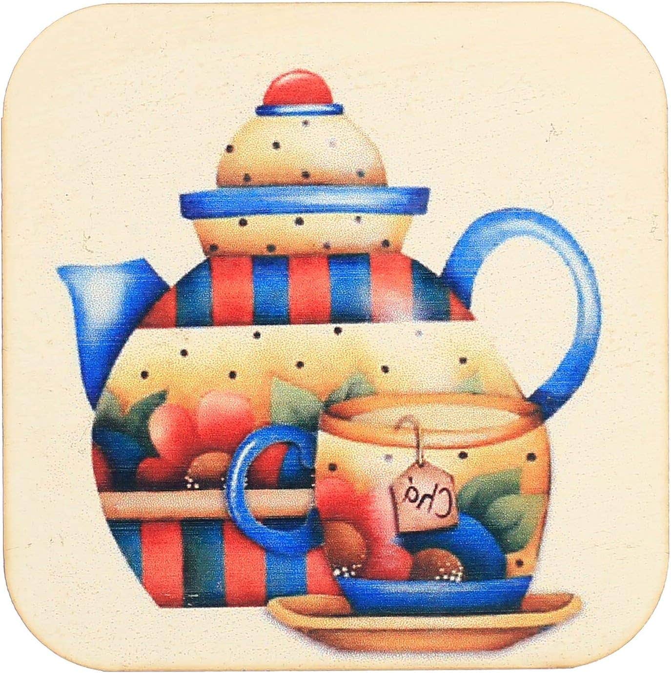 Wooden Small Sqaure Printed Coasters Set Of 3 Pieces 4 MM For Cups - Multi Color