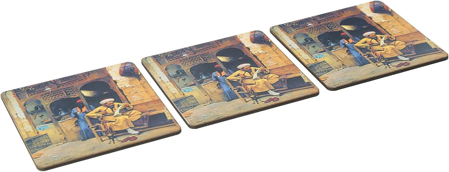 Printed Man Reads Wooden Small Rectangular Coasters Set, 3 Pieces, 4 mm - Multi Color