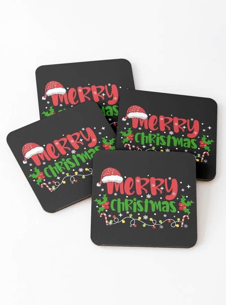Merry Christmas | Festive Holiday Typography Design Coasters (Set of 4)
