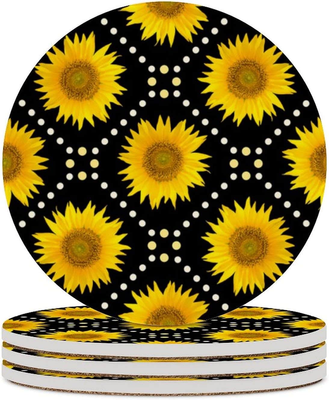Sunflower Round Ceramic Stone Coaster 4-Piece Set Round Coaster Drink Absorption Coaster with Cork Base (3.9 inches)