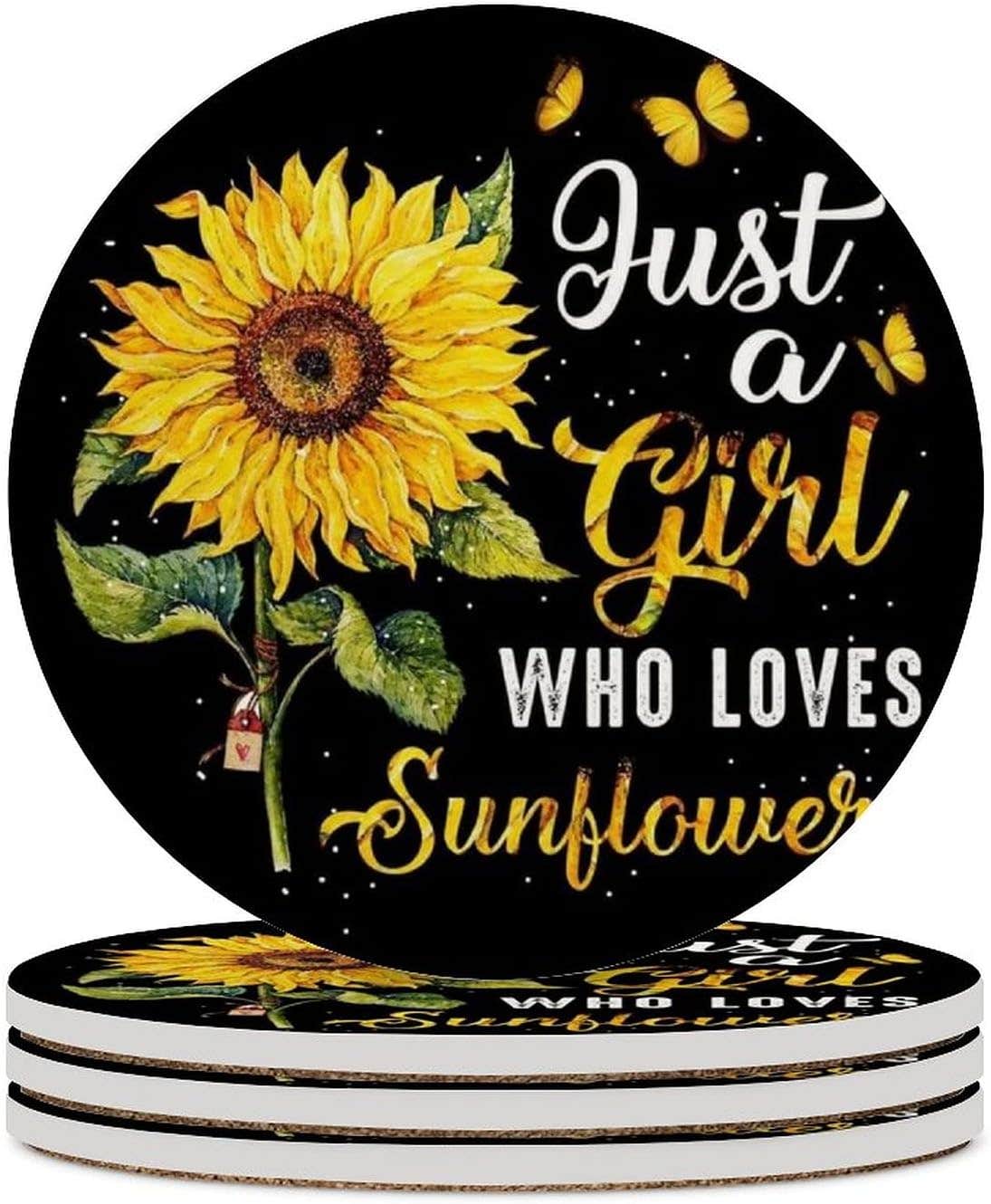 Sunflower Round Ceramic Stone Coaster 4-Piece Set Round Coaster Drink Absorption Coaster with Cork Base (3.9 inches)