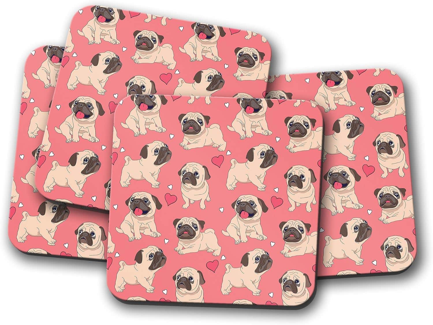 DestinationVinyl 4 Set - Cute Pink Pug Puppies Drinks Coaster - Dog Pugs Puppy #8372