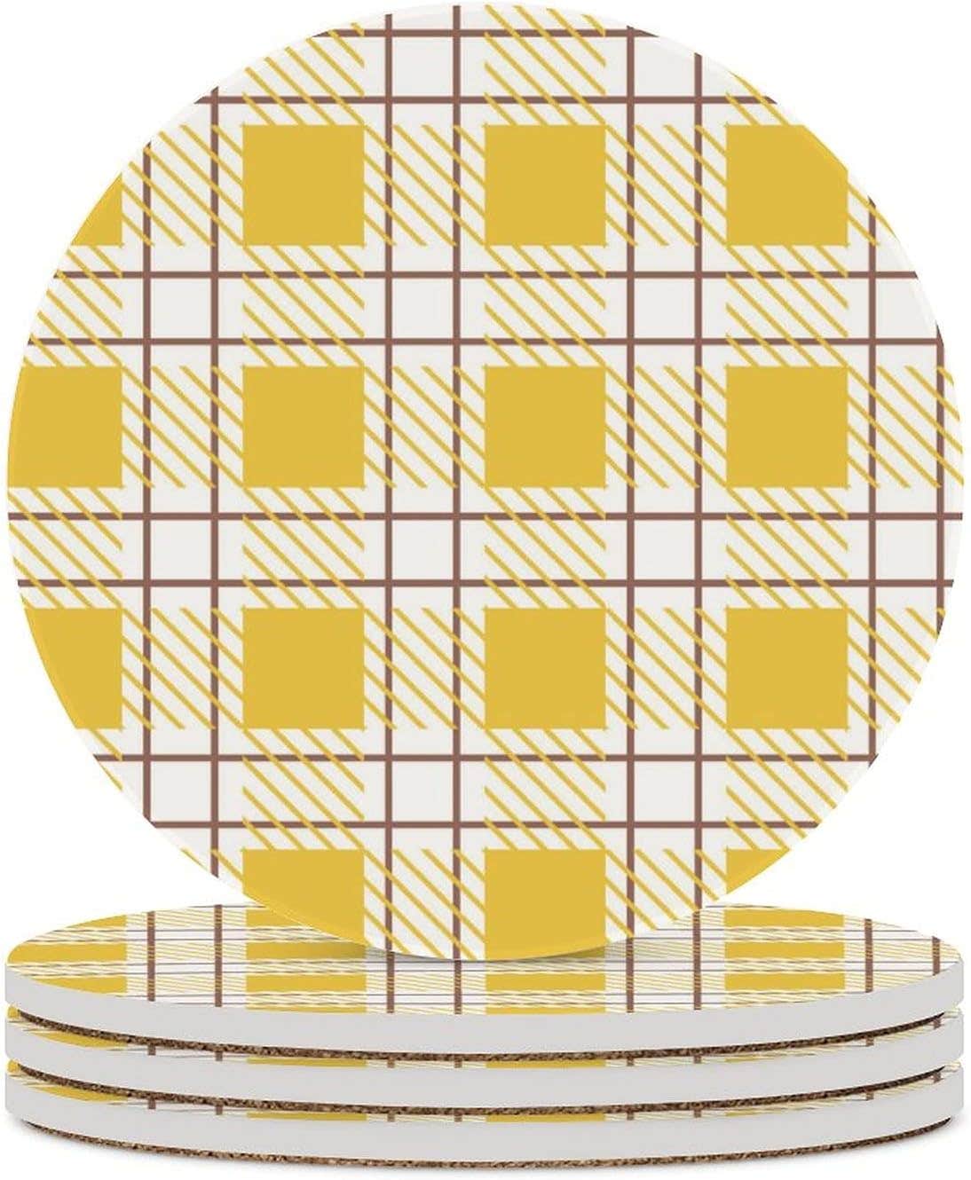 Grid Yellow Round Ceramic Stone Coaster 4-Piece Set Round Coaster Drink Absorption Coaster with Cork Base (3.9 inches)