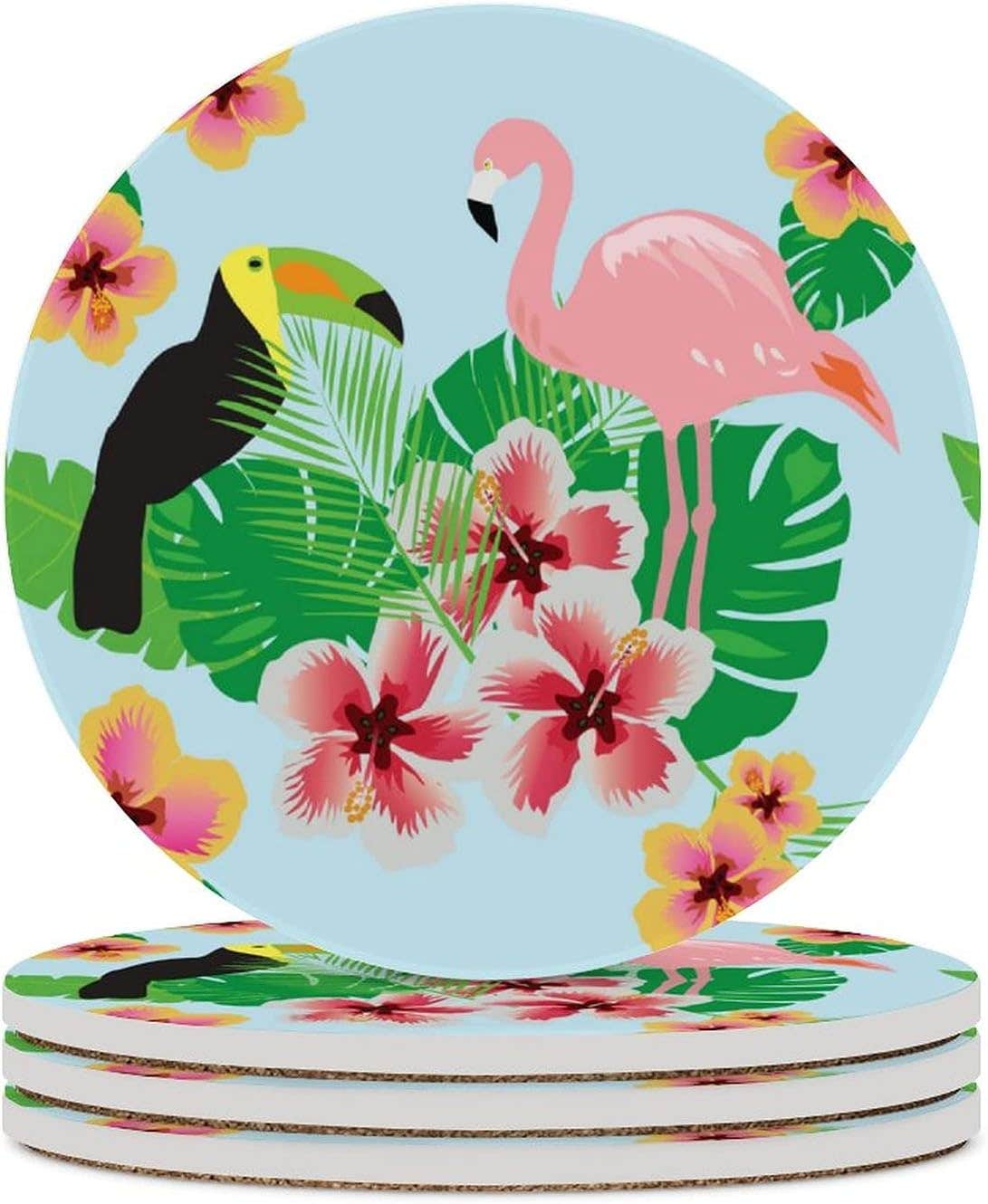 Flamingo Tropical Round Ceramic Stone Coaster 4-Piece Set Round Coaster Drink Absorption Coaster with Cork Base (3.9 inches)