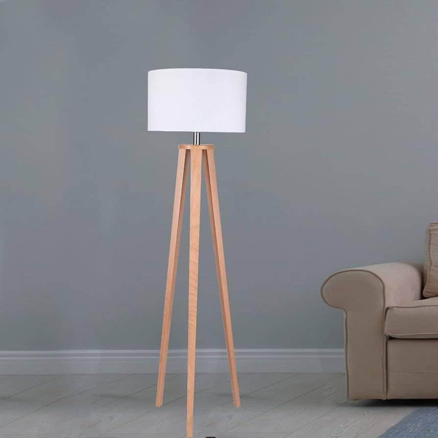 Light Wood Tripod Floor Lamp with White Shade, Modern Scandinavian Style Standing Lamp