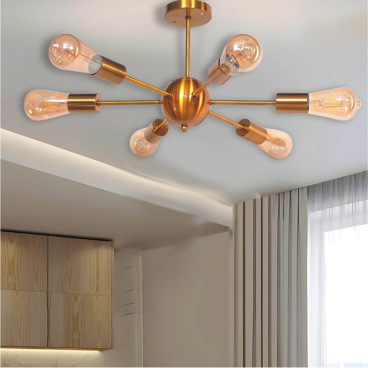 Modern Sputnik Chandelier, 6-Light Ceiling Light Fixture, Brushed Gold, Living Room and Bedroom
